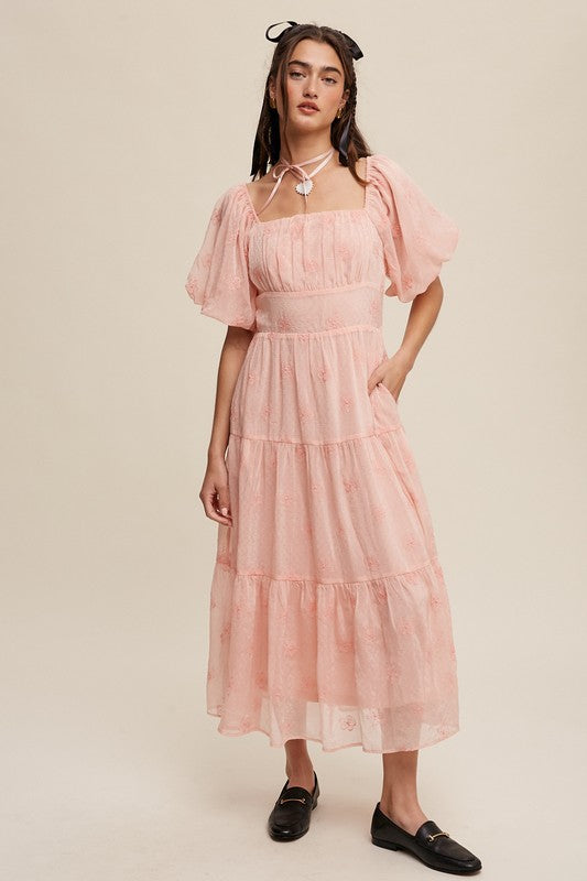 Flower Embroidered Puff Sleeve Tiered Maxi Dress
